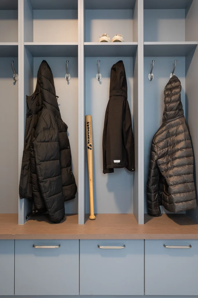 Boot Room with Blue Cubbies and Coat Storage Doran Kitchens