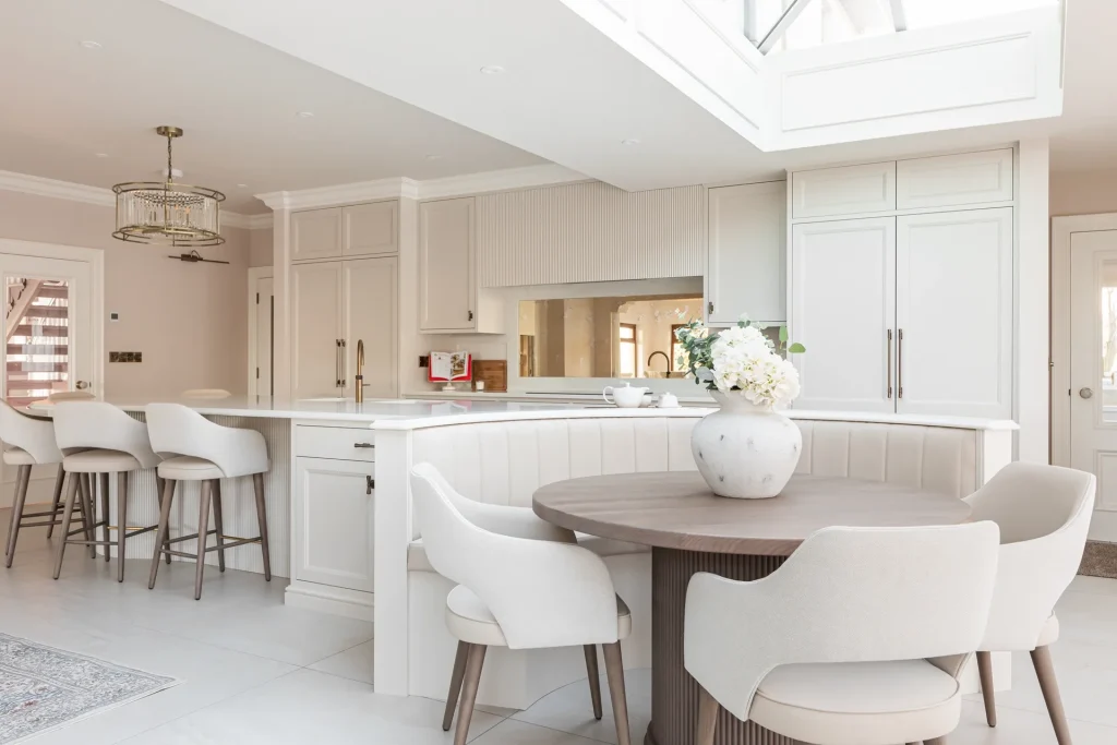 Shaker Style Kitchen wiht Dining Area in Farrow and Ball Skimming Stone Doran Kitchens