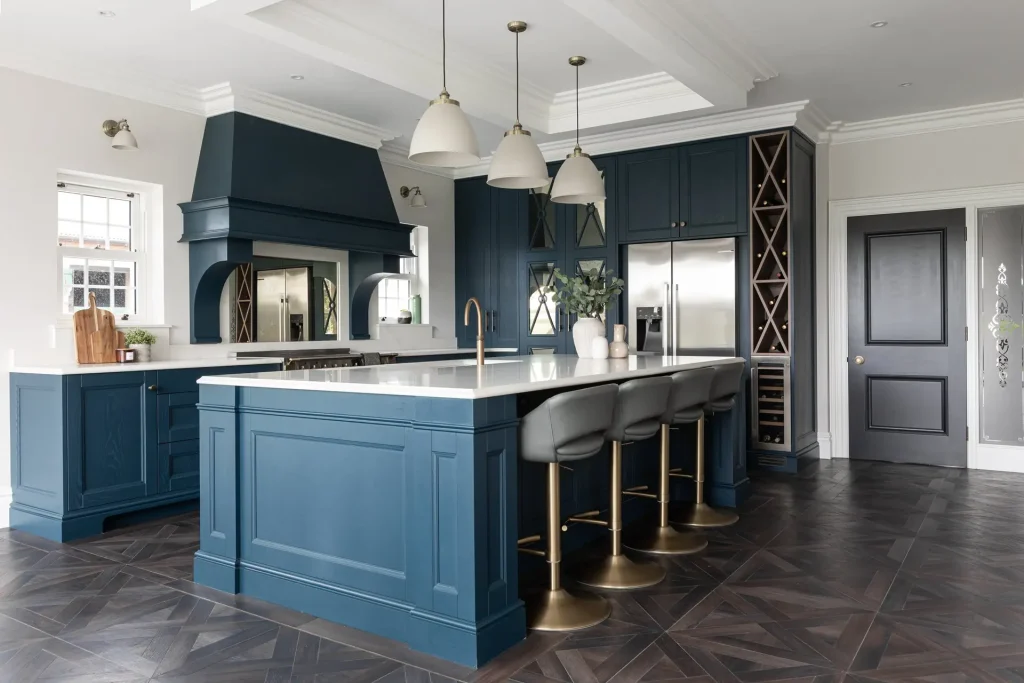 Classic Hague Blue Kitchen with 30mm Athena Quartz Island and Patinated Brass Tap Doran Kitchens