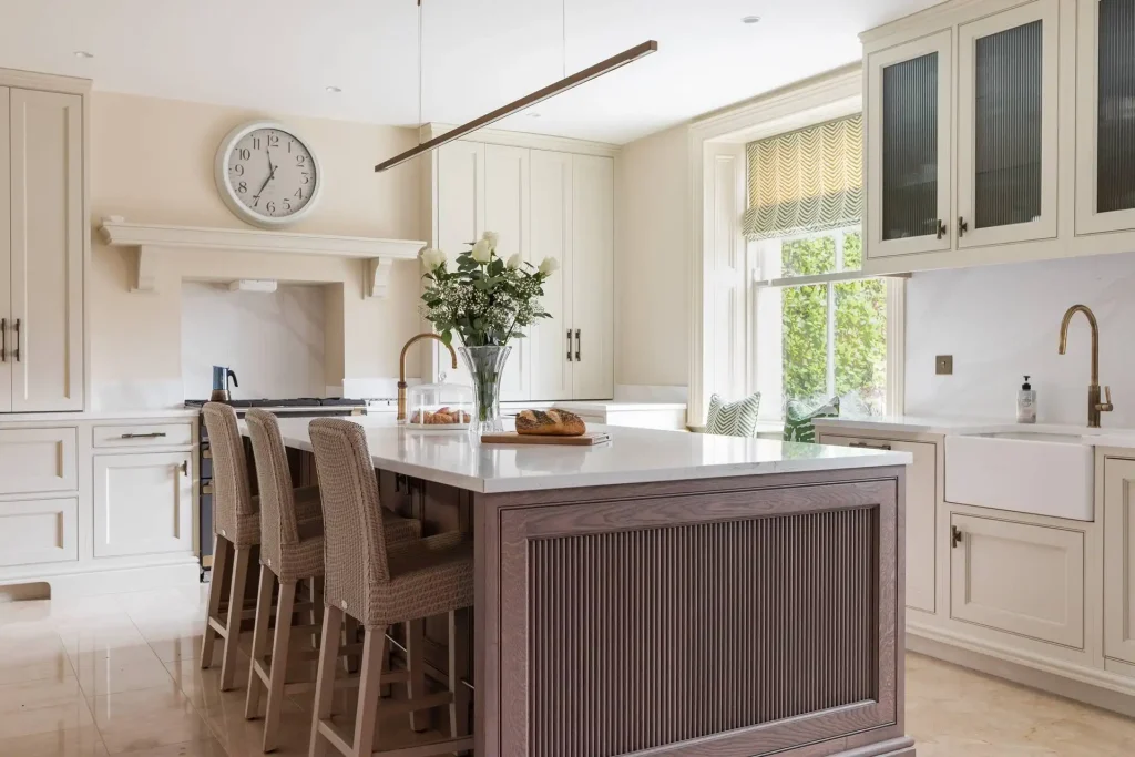 Bespoke In-Frame Kitchen with Reeded Smoked Oak Island and Calacatta Gold Quartz Dorans