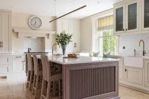 Bespoke In-Frame Kitchen with Reeded Smoked Oak Island and Calacatta Gold Quartz Dorans