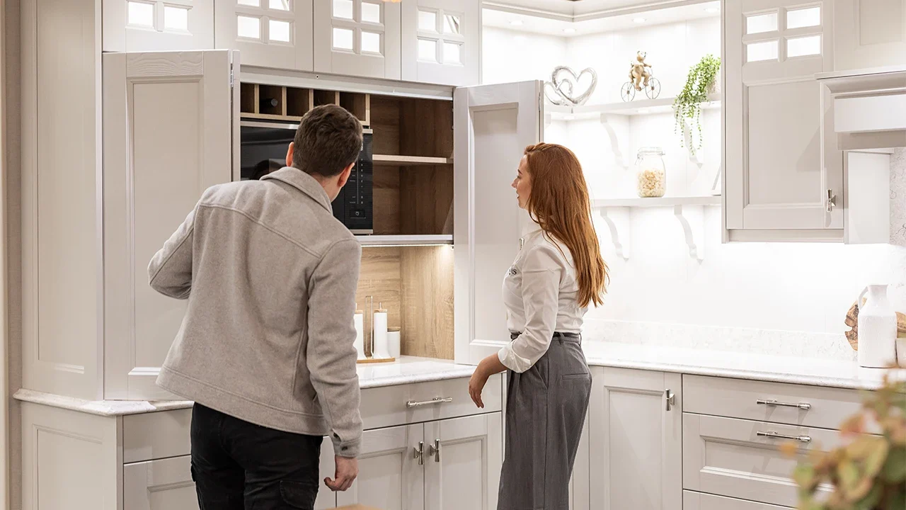consultation-stage-at-dorans-showroom Sales Consultant Advising Client at Doran Kitchens and Home Showroom